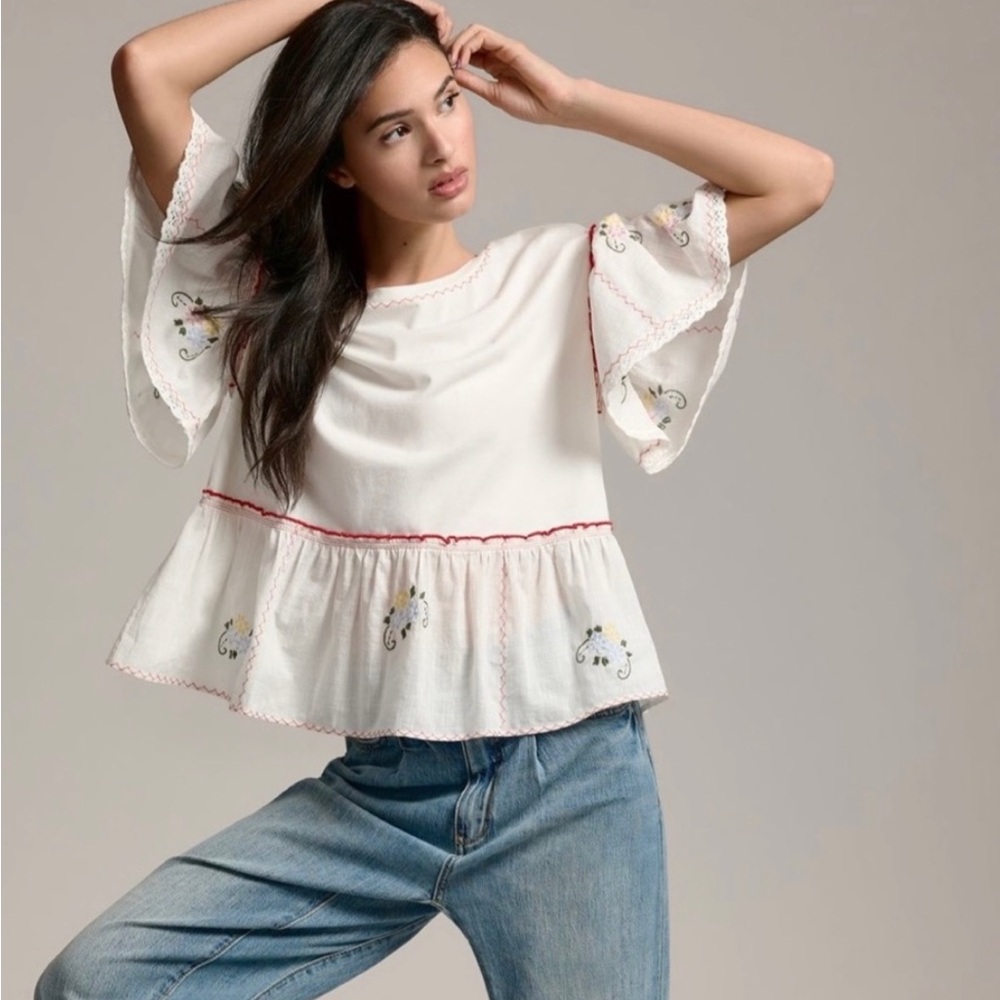 Anthro Embroidered Flutter-Sleeve Top